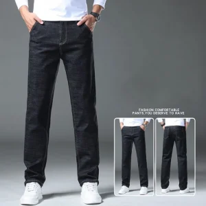 Fashion Men Stretch Baggy Straight Leg Jeans Business Casual Versatile Comfortable Denim Pants Male Daily Black Blue Trousers