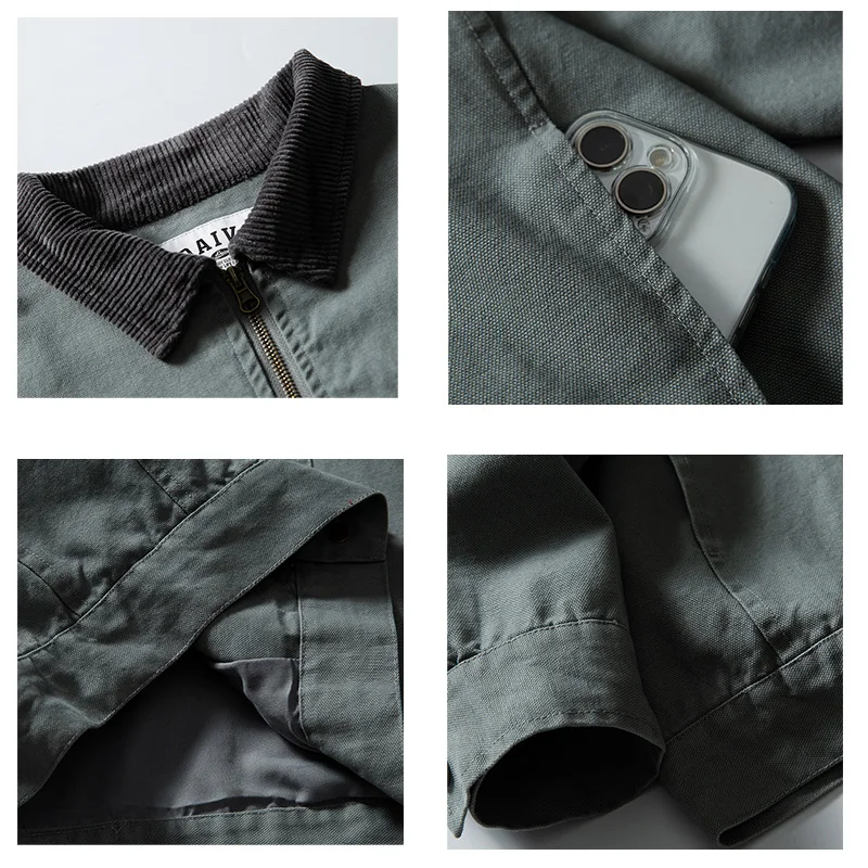 Amekji Men's Vintage Pure Cotton Jacket Collared Leopard Print Detroit Denim Jacket Spring and Autumn Leather Bomber Jacket - Image 3