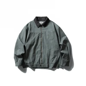 Amekji Men's Vintage Pure Cotton Jacket Collared Leopard Print Detroit Denim Jacket Spring and Autumn Leather Bomber Jacket