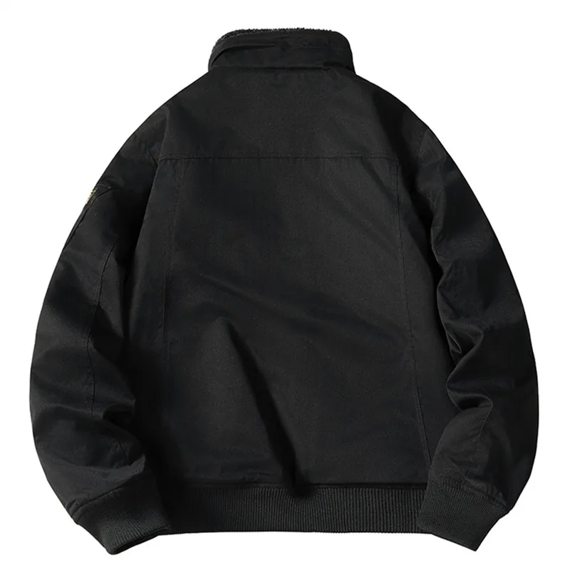 Winter Men's Fleece Thick Bomber Jacket Solid Multi-Pocket Casual Loose Cargo Outwear Coats Male Stand Collar Warm Zipper Jacket - Image 2