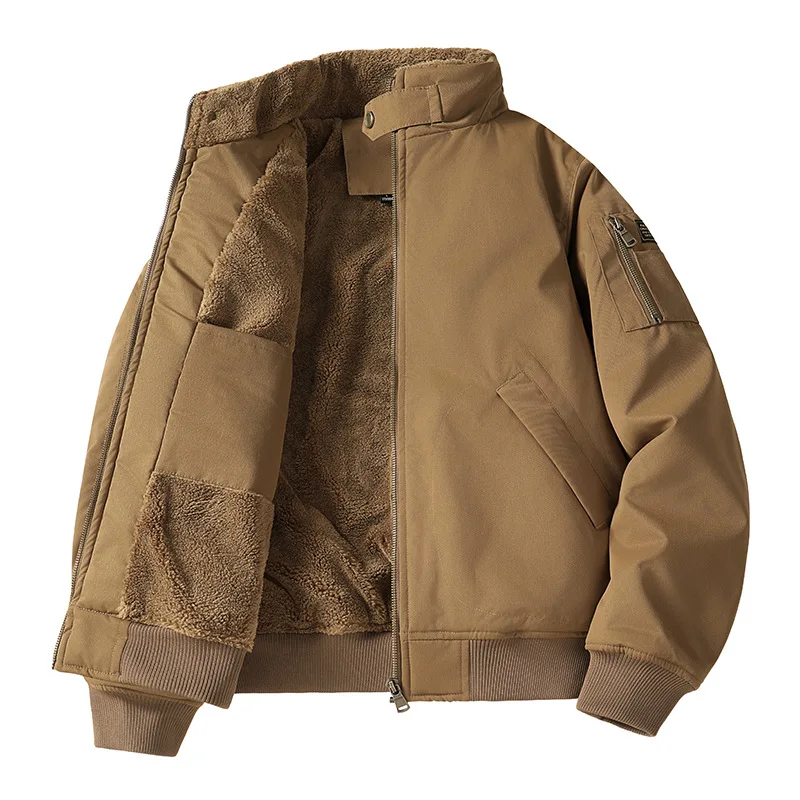 Winter Men's Fleece Thick Bomber Jacket Solid Multi-Pocket Casual Loose Cargo Outwear Coats Male Stand Collar Warm Zipper Jacket